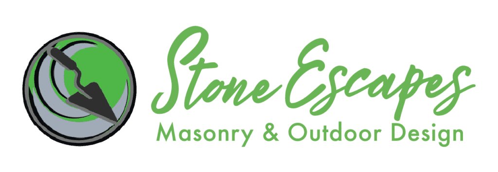 Logo for Stone Escapes Masonry & Outdoor Design in Suffolk County, NY. Features a circular emblem with a trowel and the company name in script with a tagline in smaller print. The colors are green and gray.